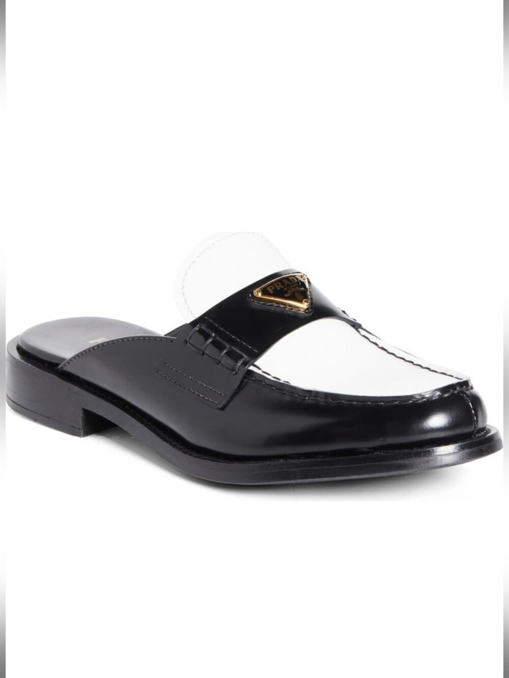 $1,200 Prada Brushed Leather Bi-color Triangle Logo Loafer Mule EU 38 US 8 BNIB - Picture 2 of 13